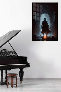 Azure Blade Masked Warrior metal wall art displayed in a contemporary living space