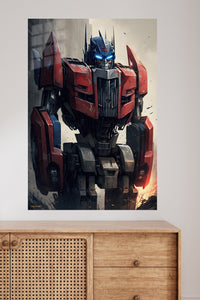 Crimson Sentinel Robot metal wall art displayed in a modern interior