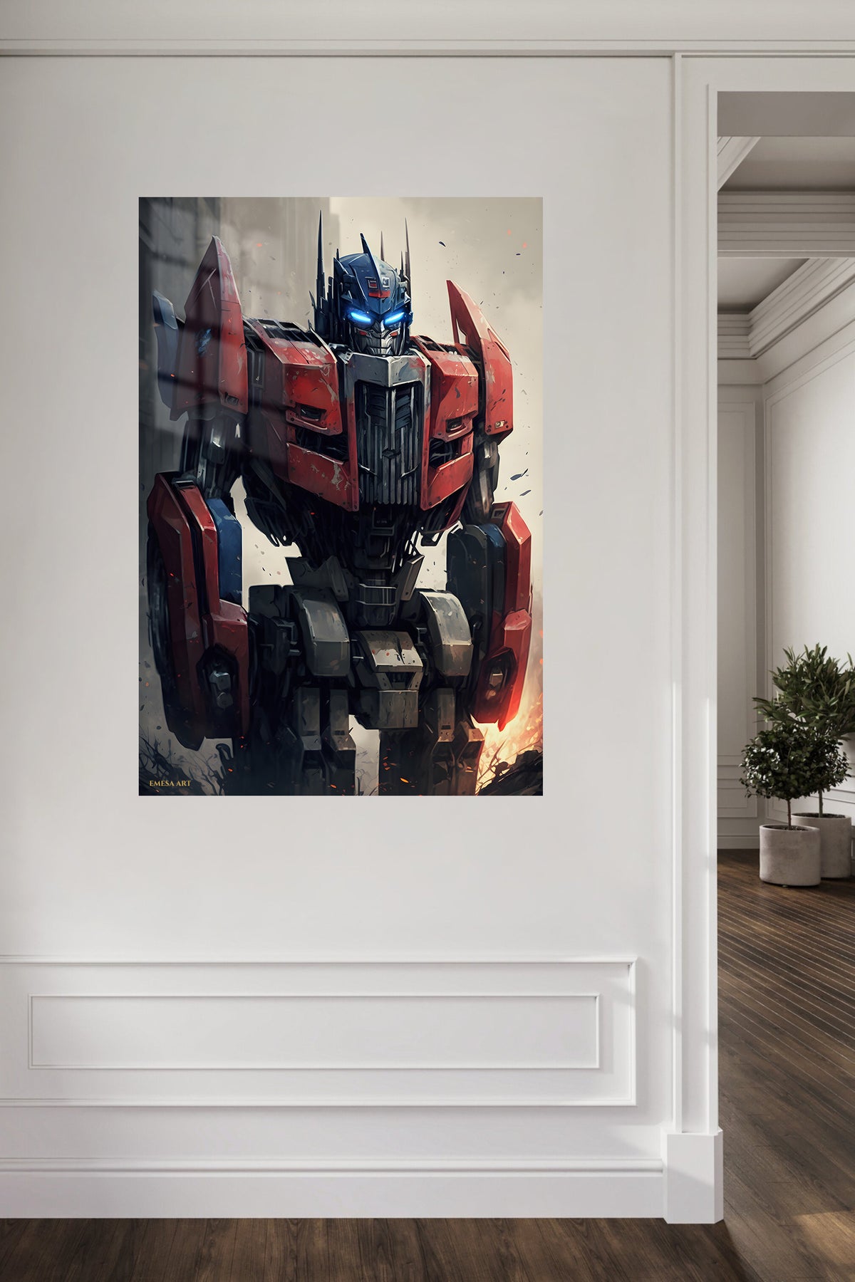 Crimson Sentinel Robot metal wall art displayed in a contemporary living space