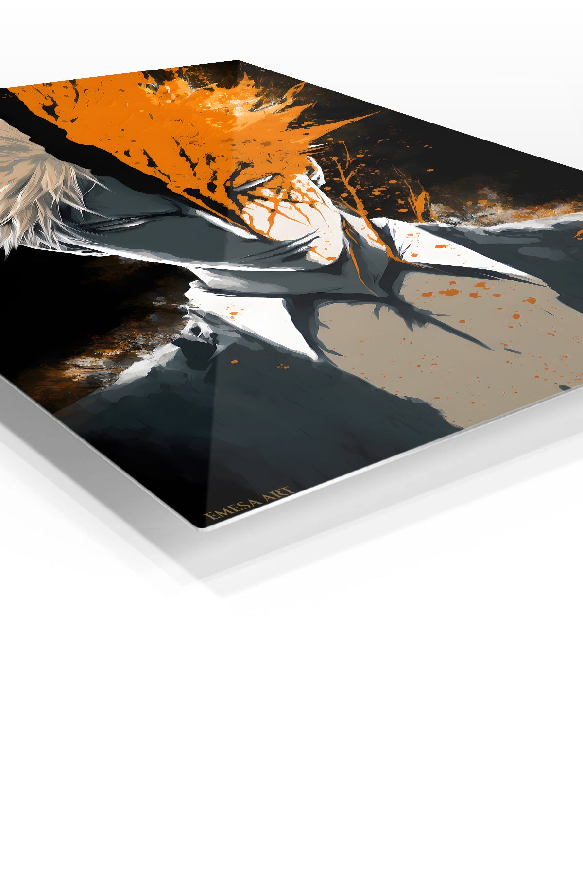 Split Shadow and Orange Portrait premium metal wall art Ã¢â‚¬â€œ angled view