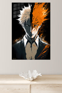 Split Shadow and Orange Portrait metal wall art displayed in a modern interior