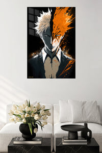 Split Shadow and Orange Portrait metal wall art displayed in a contemporary living space