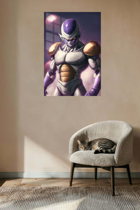 Armored Alien Under Twin Moons metal wall art displayed in a contemporary living space