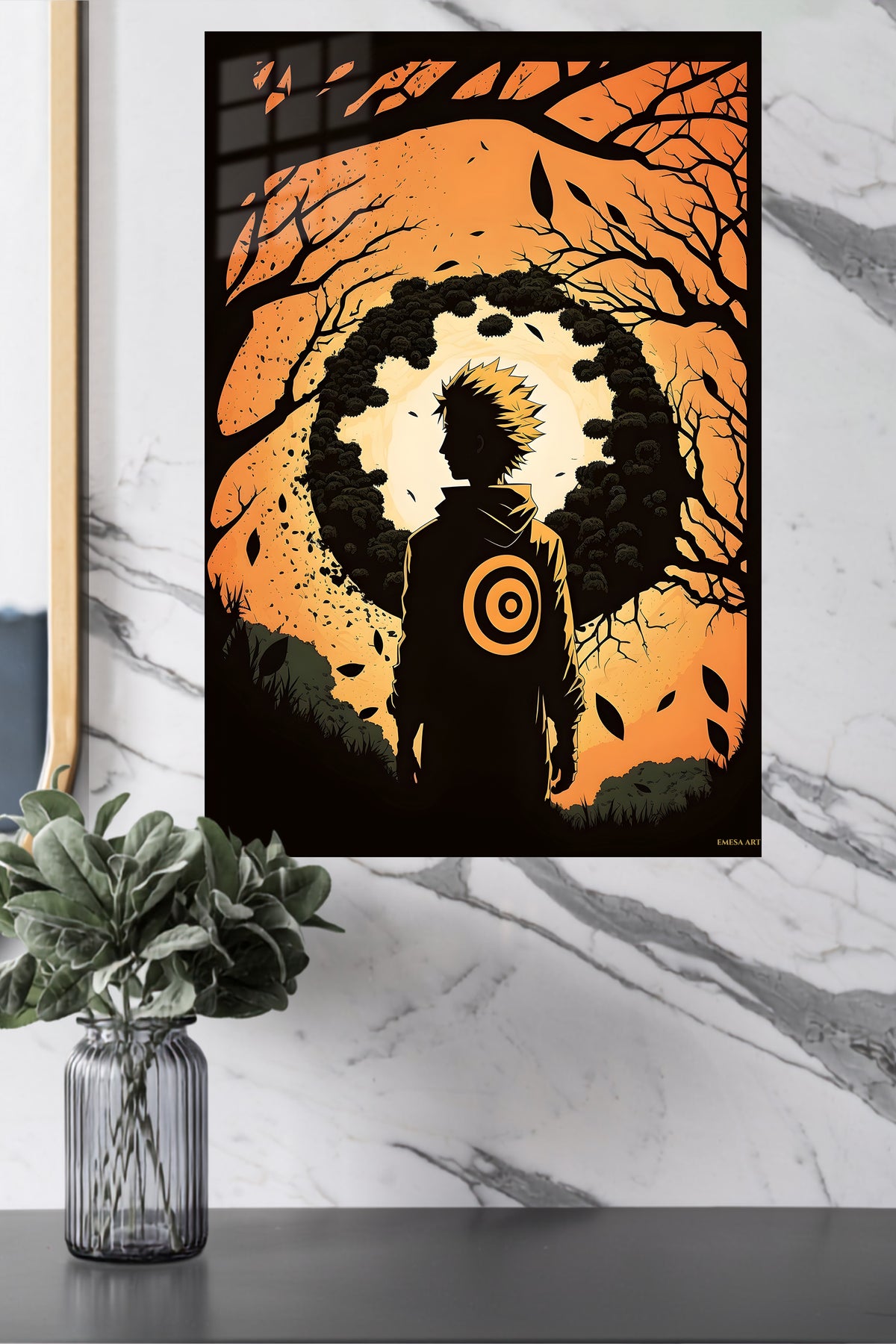 Autumn Forest Warrior Silhouette metal wall art displayed in a modern interior