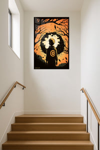 Autumn Forest Warrior Silhouette metal wall art displayed in a contemporary living space