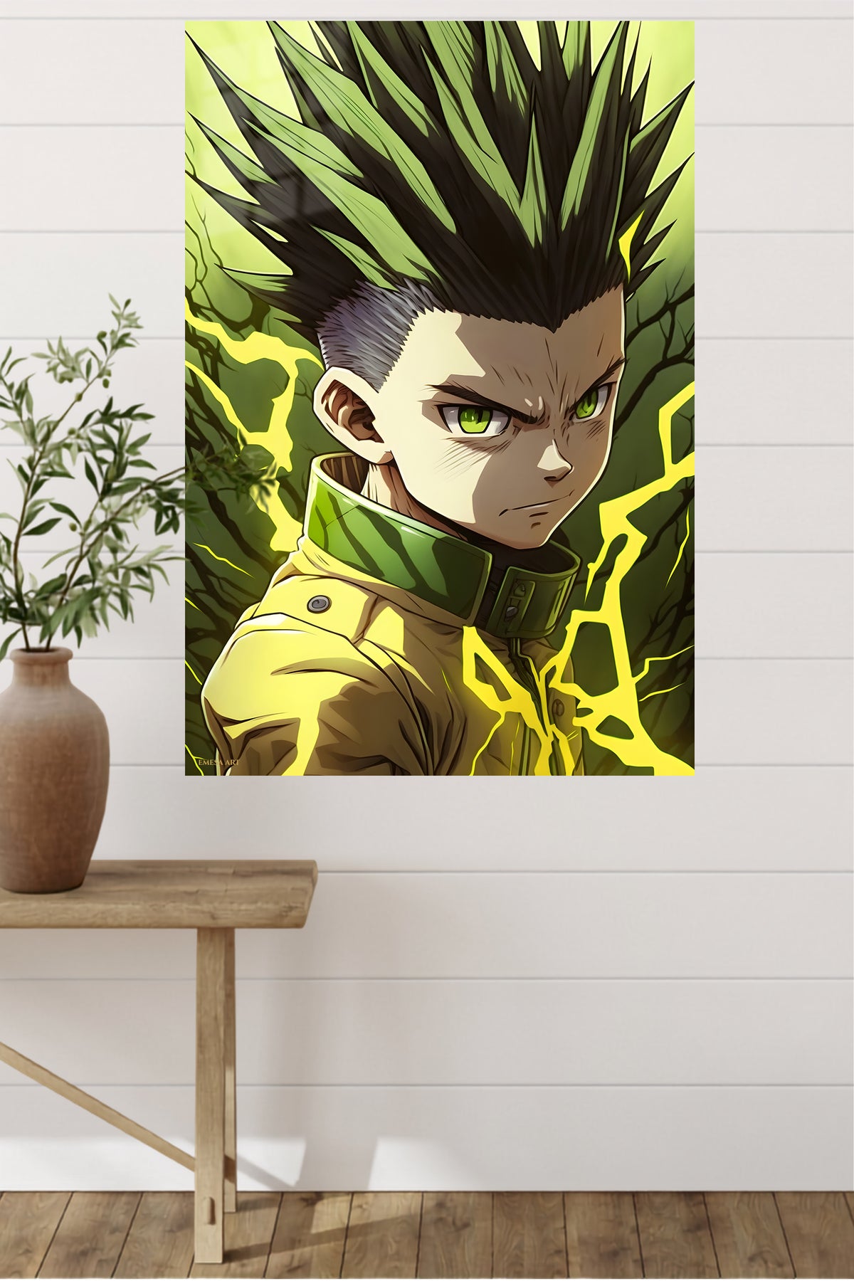 Green-Eyed Lightning Warrior metal wall art displayed in a modern interior