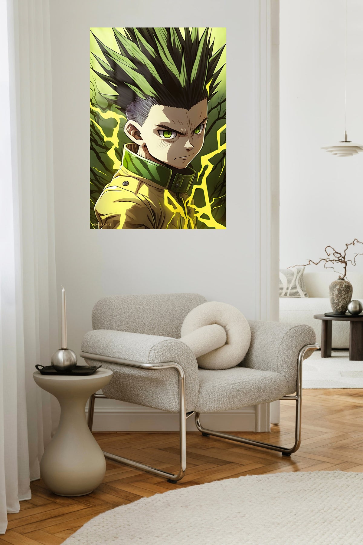 Green-Eyed Lightning Warrior metal wall art displayed in a contemporary living space