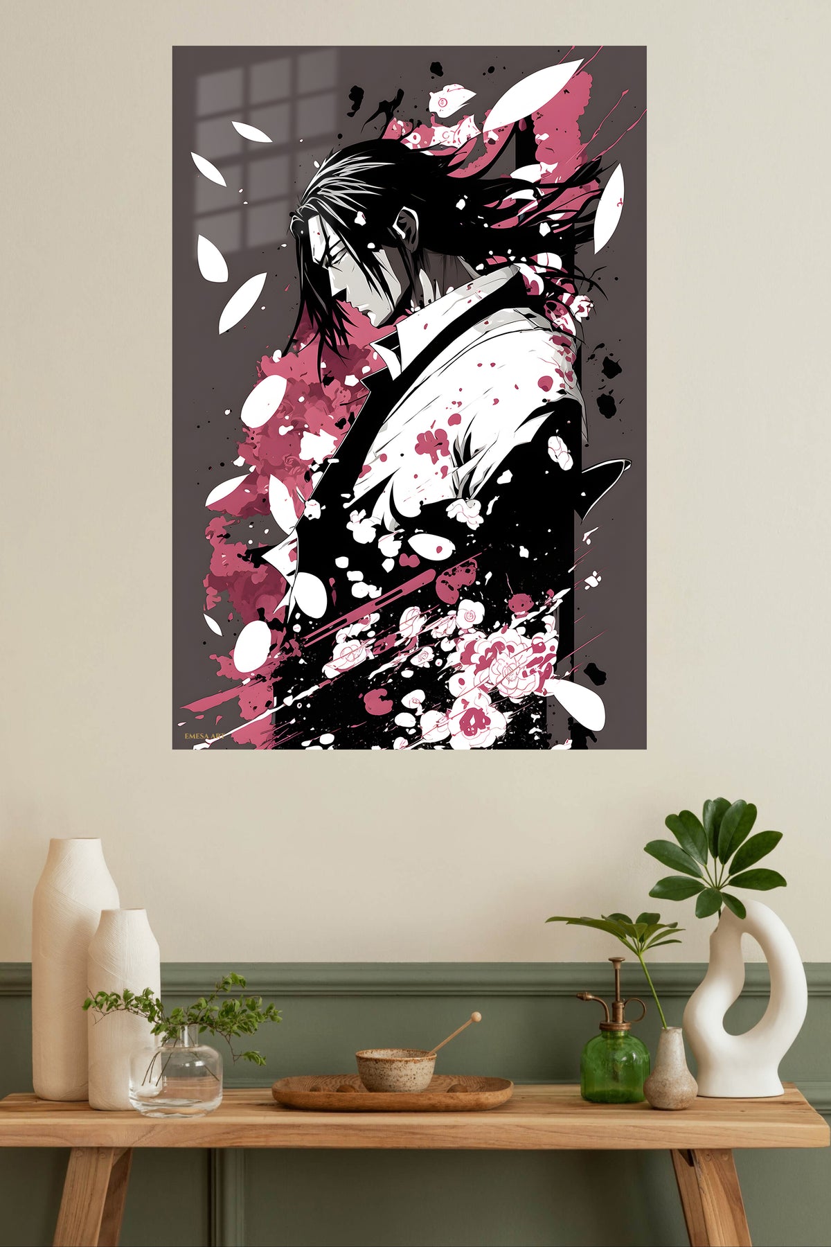 Crimson Petal Warrior metal wall art displayed in a modern interior