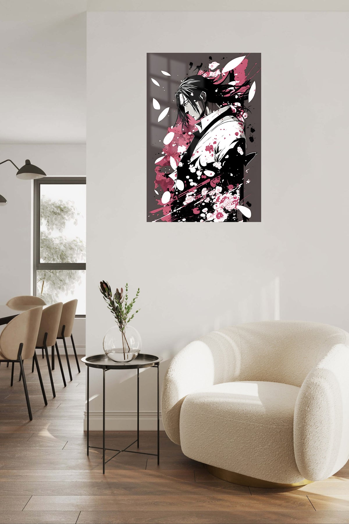 Crimson Petal Warrior metal wall art displayed in a contemporary living space