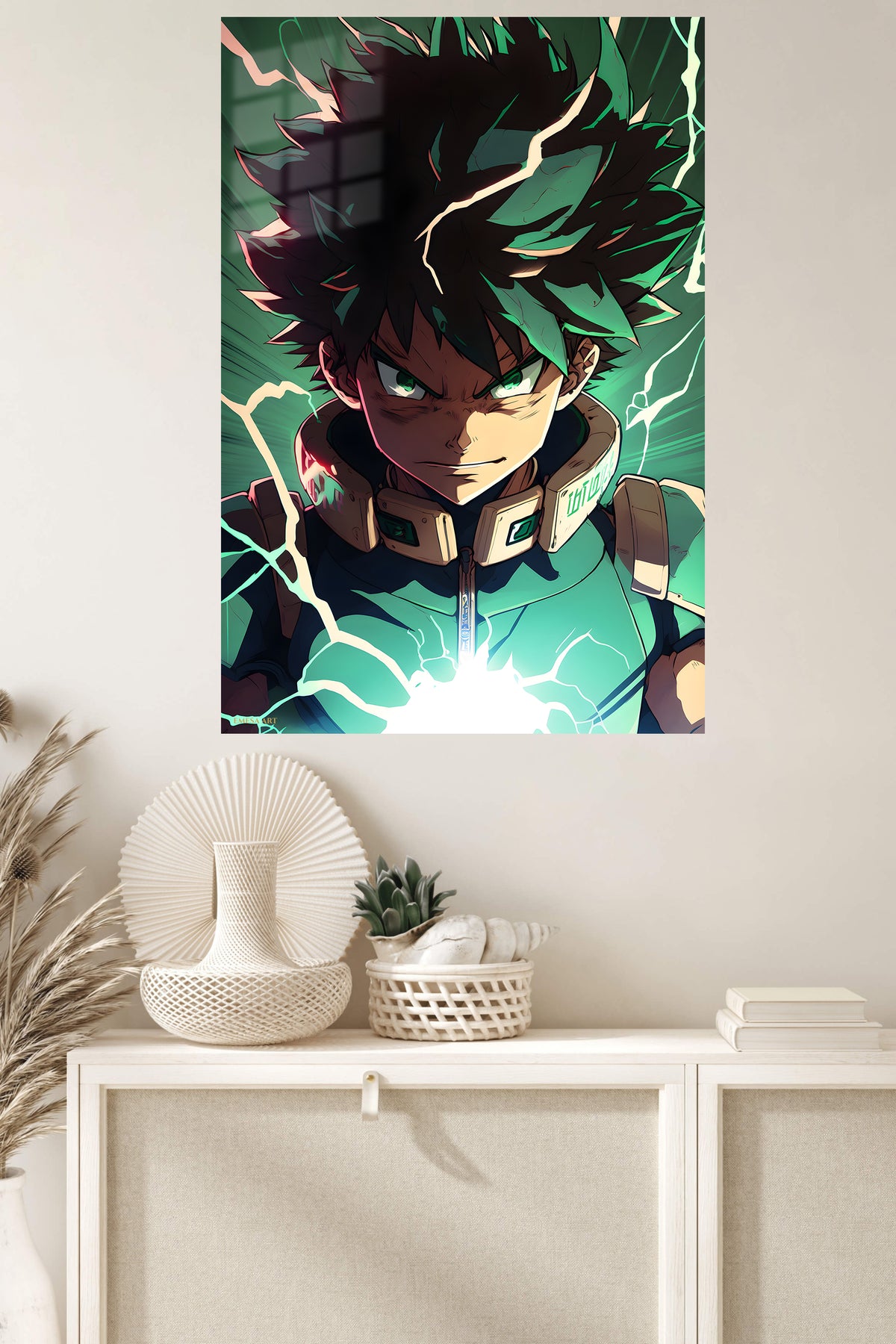 Emerald Lightning Hero metal wall art displayed in a modern interior