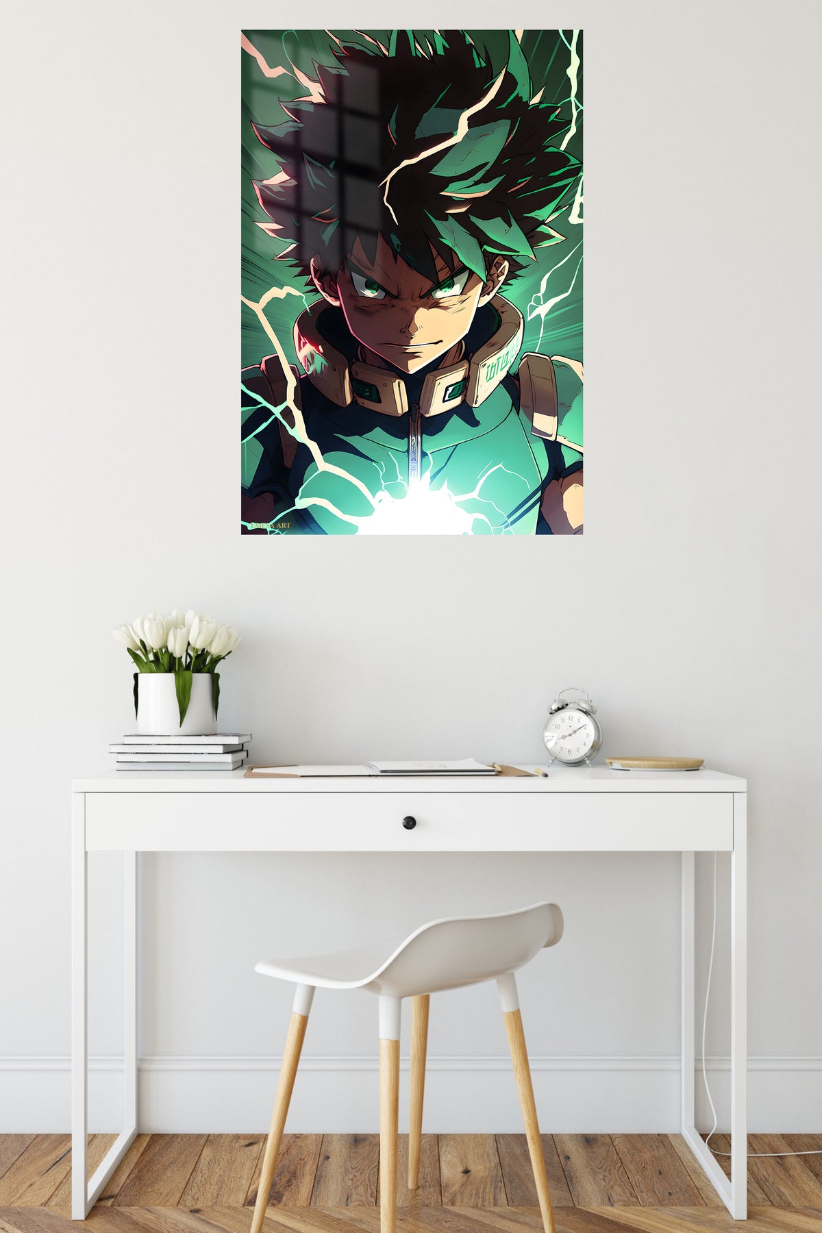 Emerald Lightning Hero metal wall art displayed in a contemporary living space