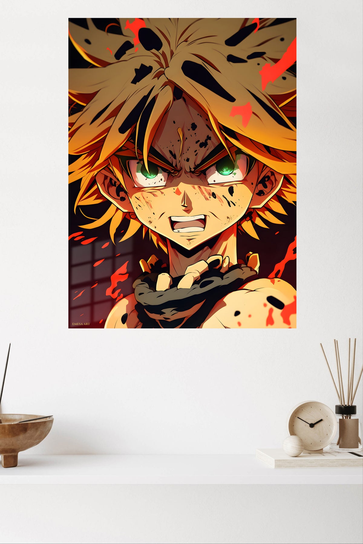 Blazing Green-Eyed Warrior metal wall art displayed in a modern interior