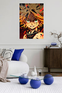 Blazing Green-Eyed Warrior metal wall art displayed in a contemporary living space