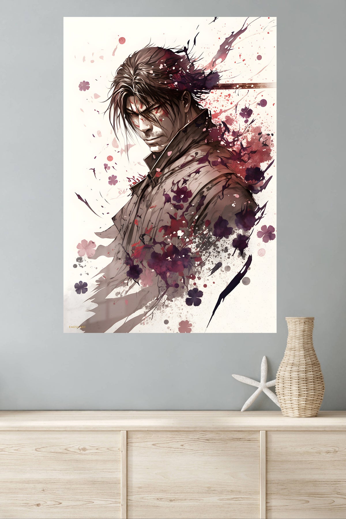 Crimson Ink Warrior metal wall art displayed in a modern interior