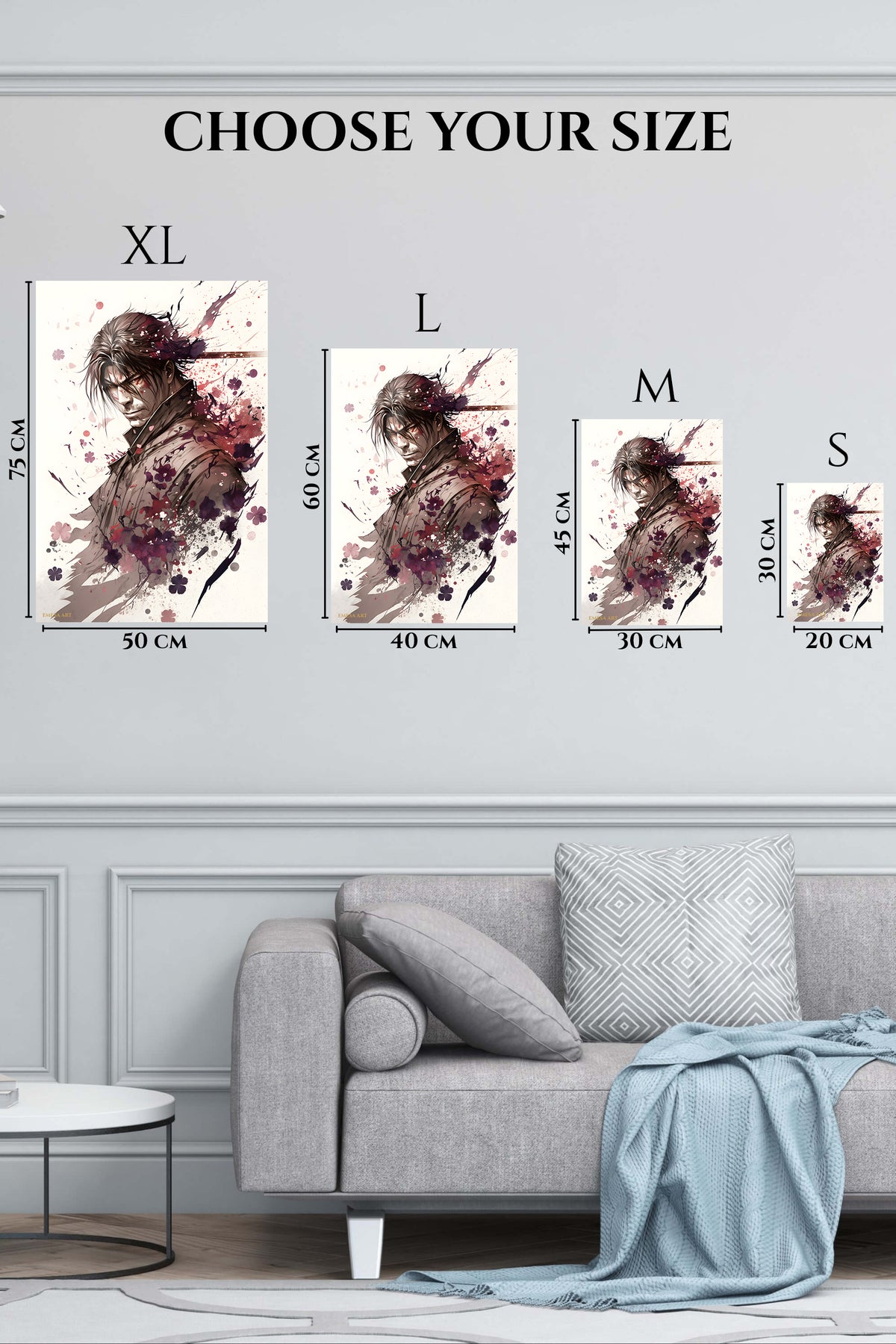 EMESA metal wall art size comparison guide for Crimson Ink Warrior