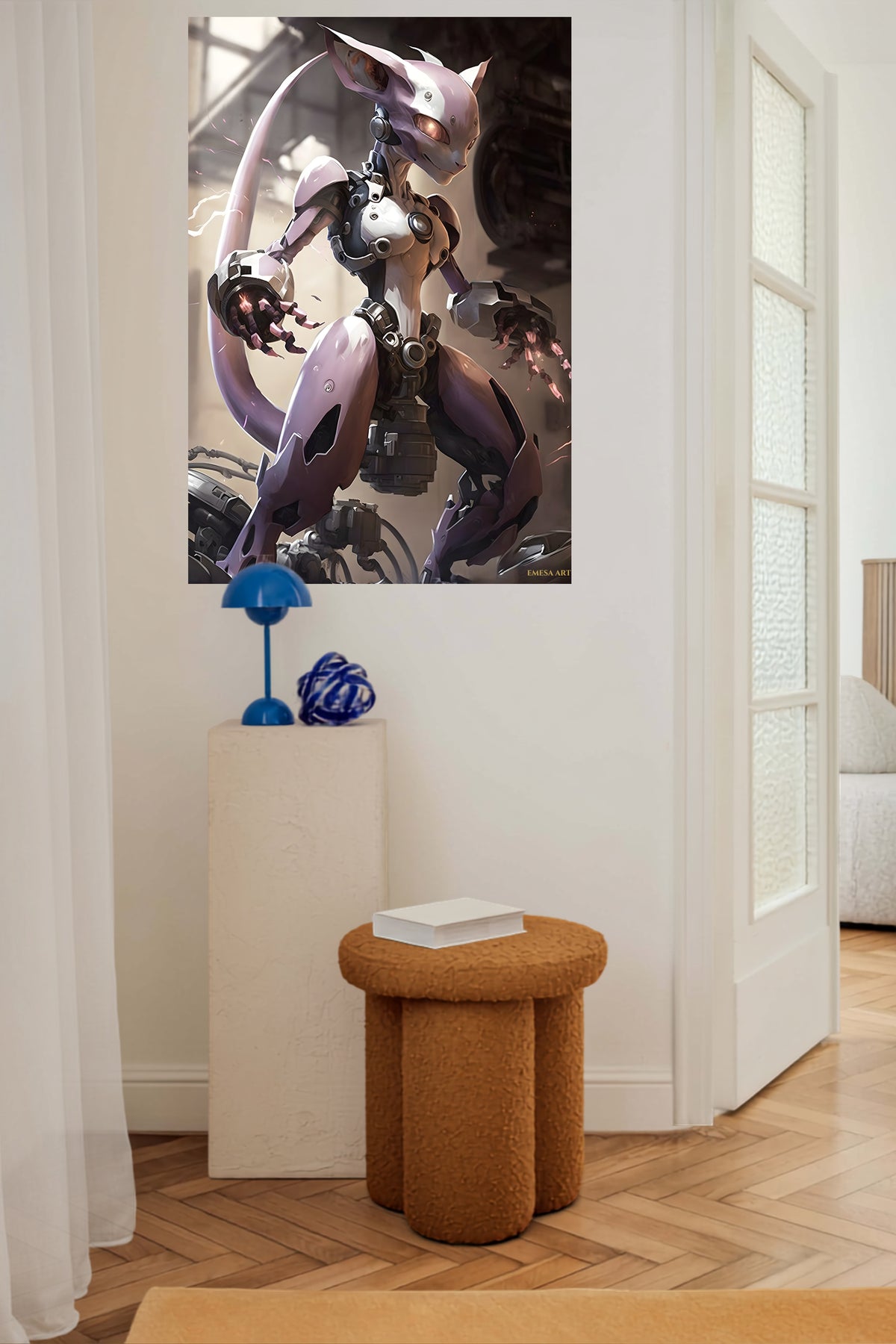 Lavender Cybernetic Guardian metal wall art displayed in a contemporary living space