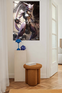 Lavender Cybernetic Guardian metal wall art displayed in a contemporary living space