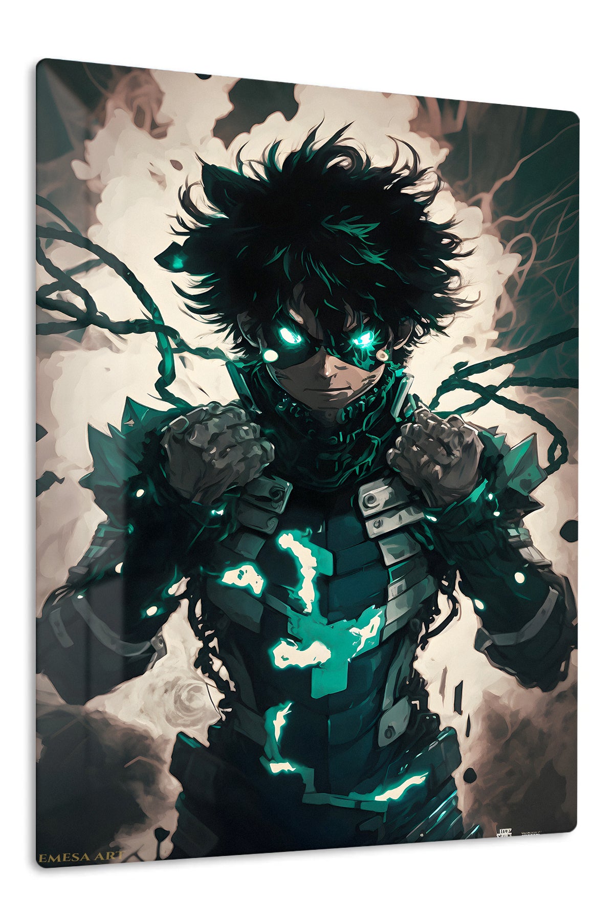 Emerald-Eyed Shadow Hero premium metal wall art Ã¢â‚¬â€œ front view