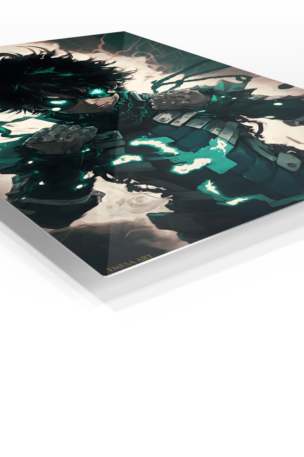 Emerald-Eyed Shadow Hero premium metal wall art Ã¢â‚¬â€œ angled view