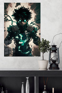 Emerald-Eyed Shadow Hero metal wall art displayed in a modern interior