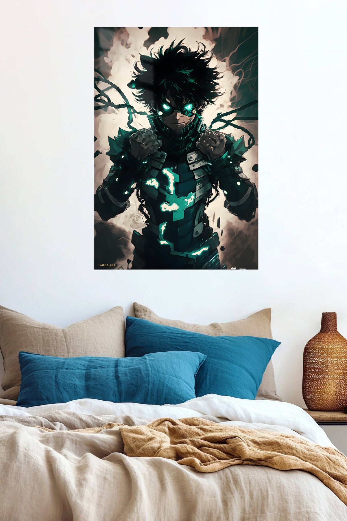 Emerald-Eyed Shadow Hero metal wall art displayed in a contemporary living space