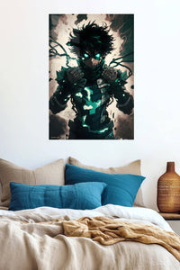 Emerald-Eyed Shadow Hero metal wall art displayed in a contemporary living space