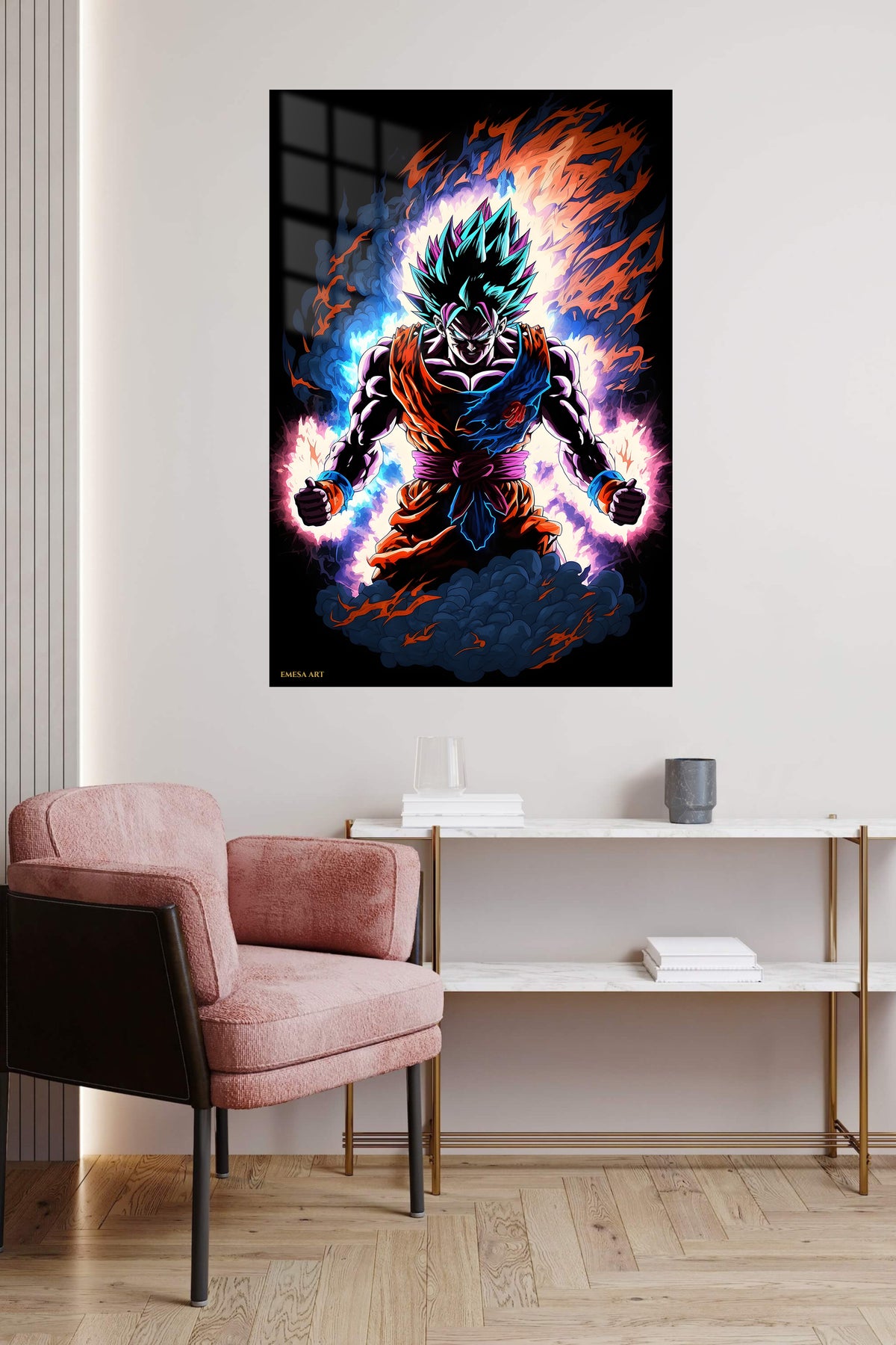 Neon Aura Warrior metal wall art displayed in a contemporary living space