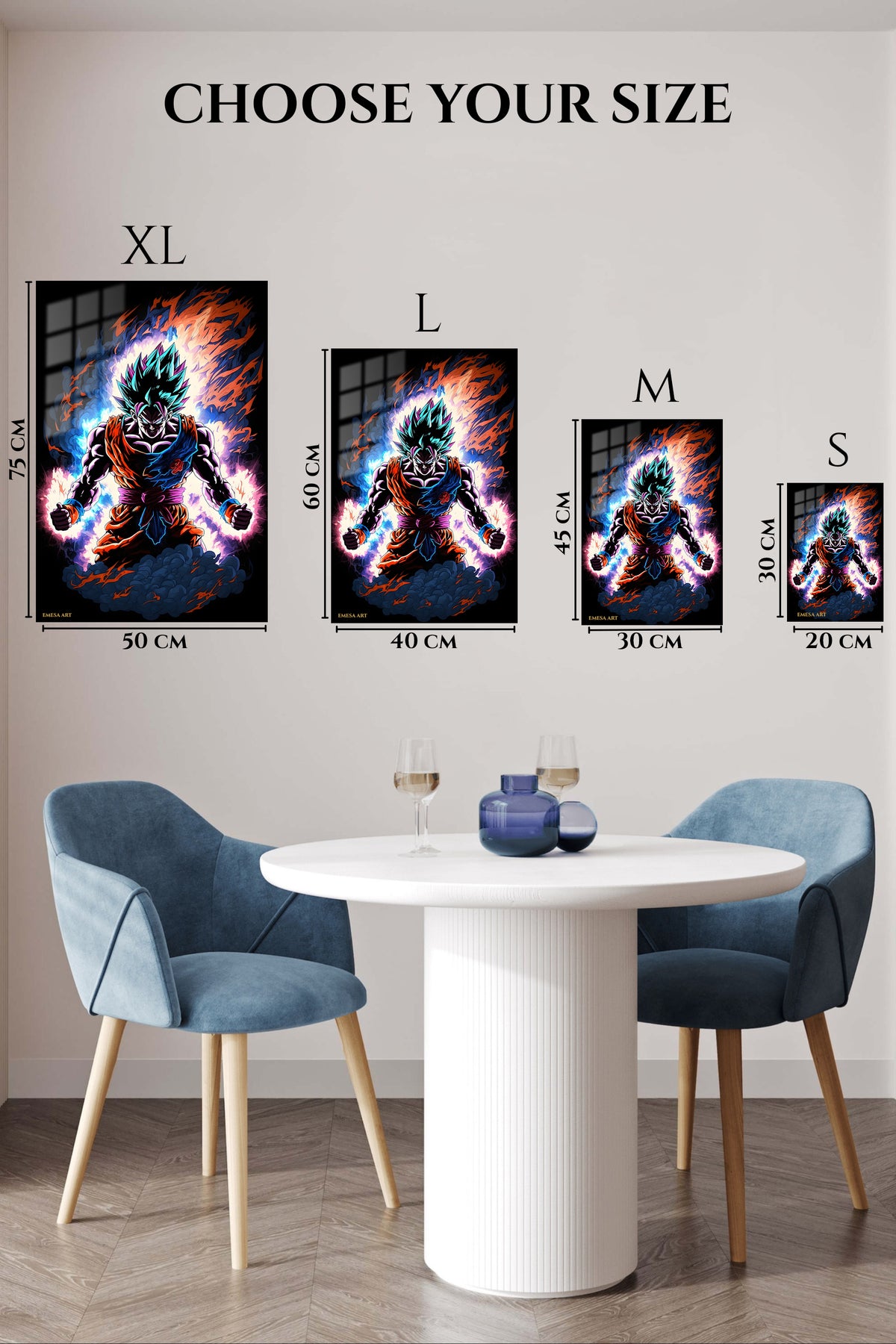 EMESA metal wall art size comparison guide for Neon Aura Warrior