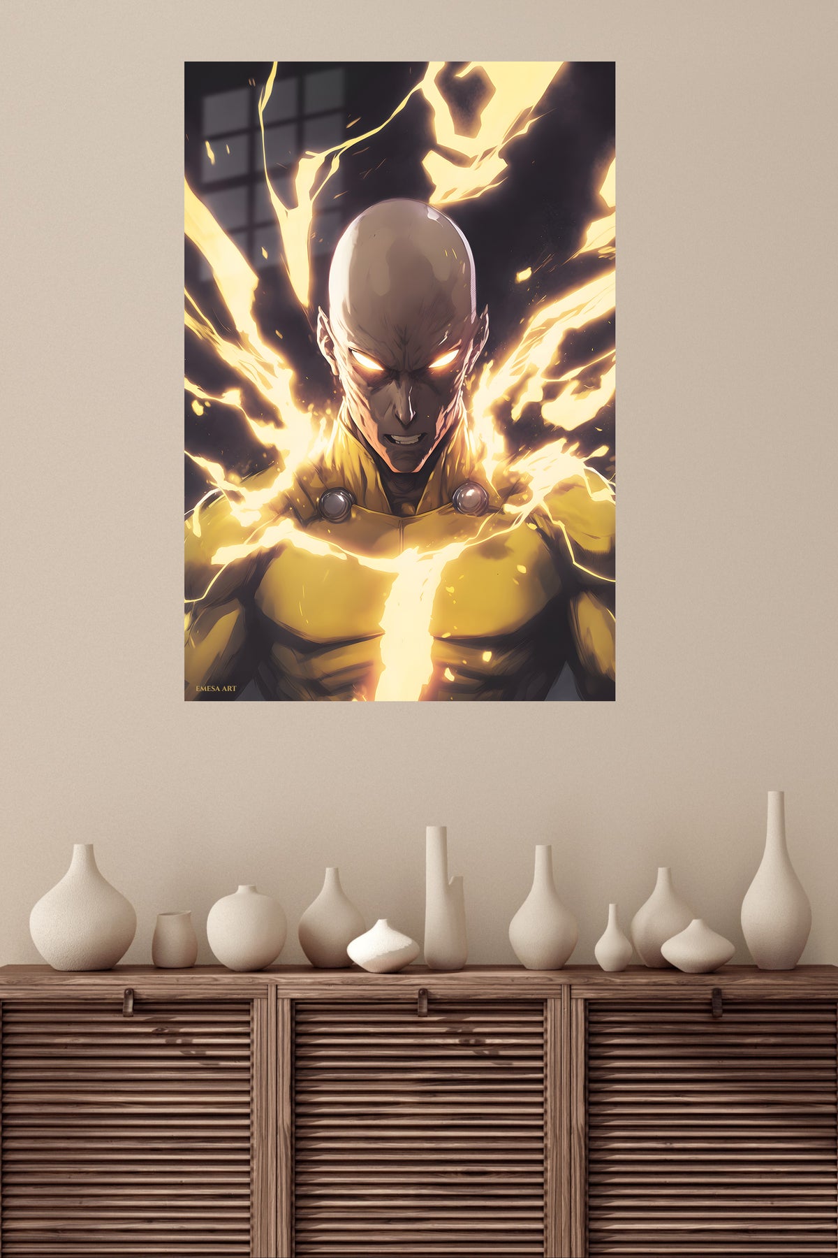 Golden Lightning Warrior metal wall art displayed in a modern interior