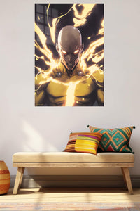 Golden Lightning Warrior metal wall art displayed in a contemporary living space