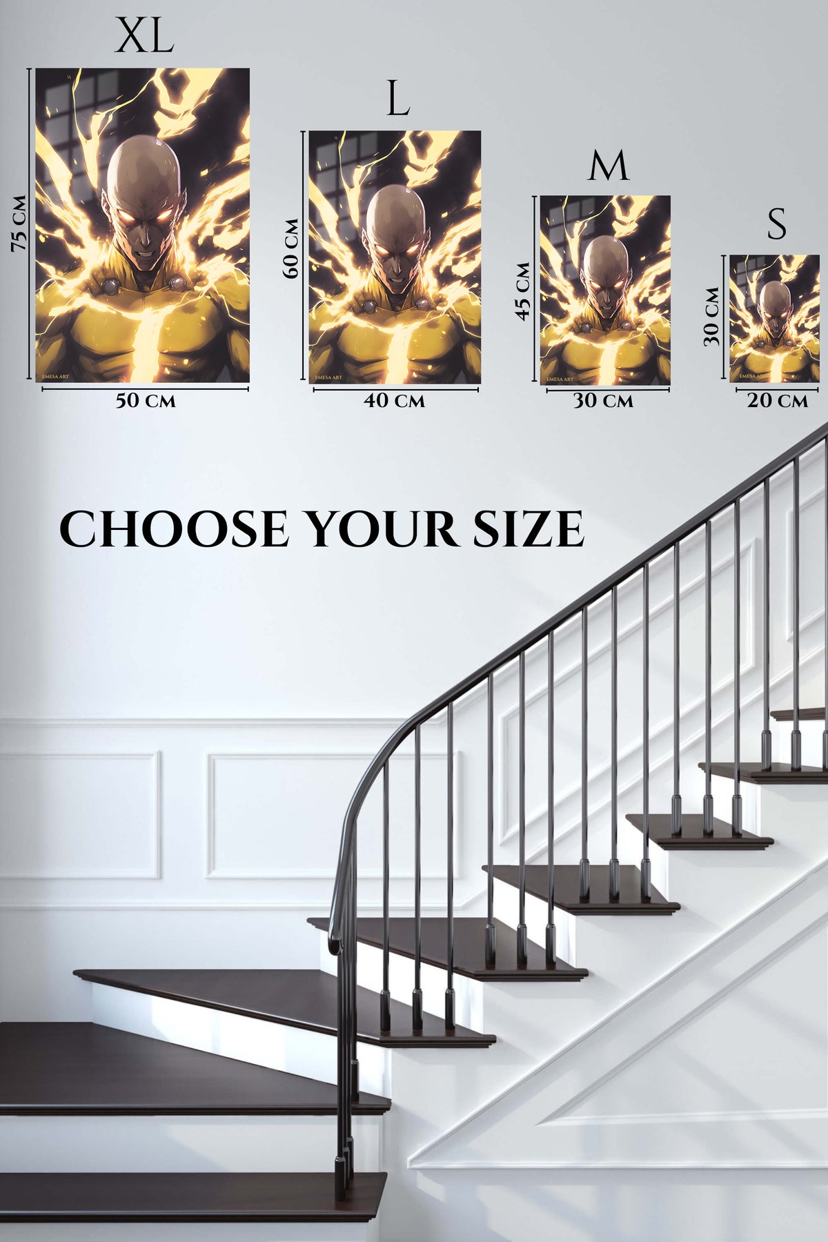 EMESA metal wall art size comparison guide for Golden Lightning Warrior
