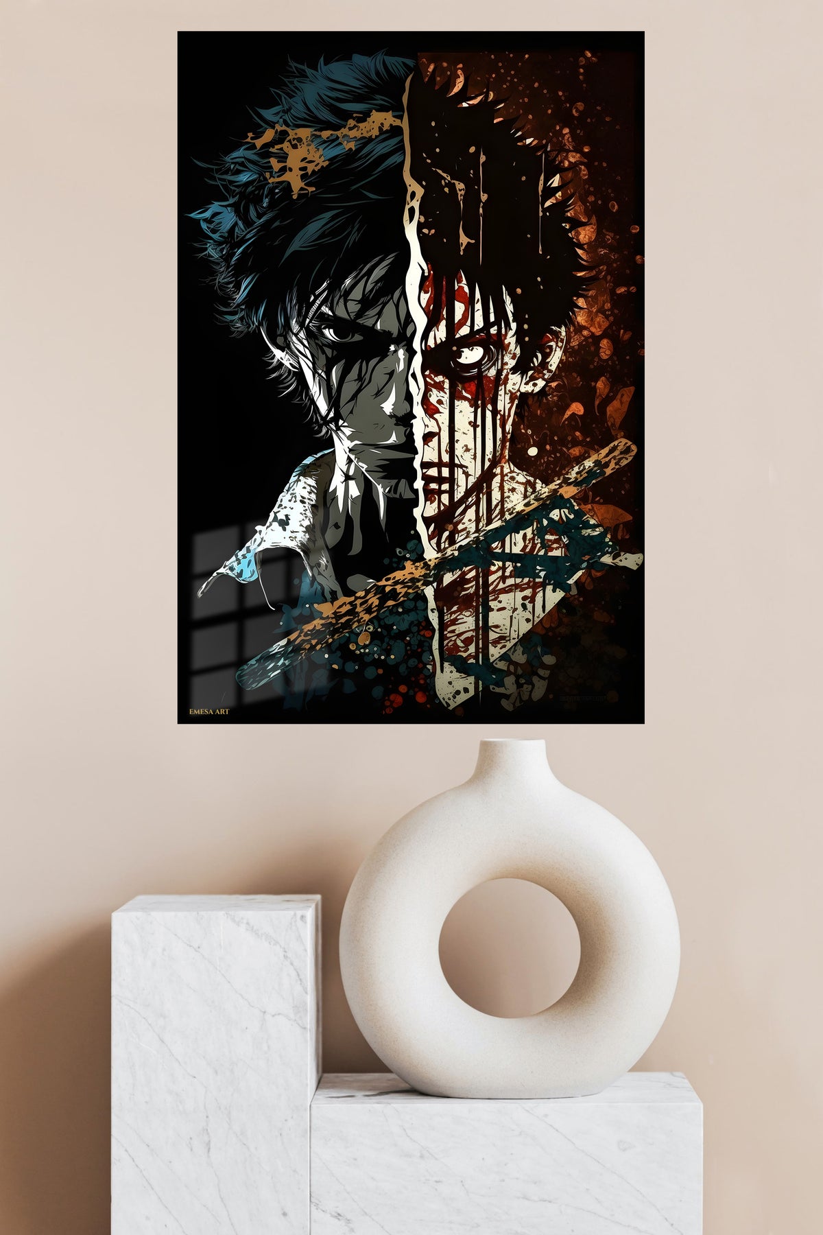 Split Shadow Warrior Portrait metal wall art displayed in a modern interior