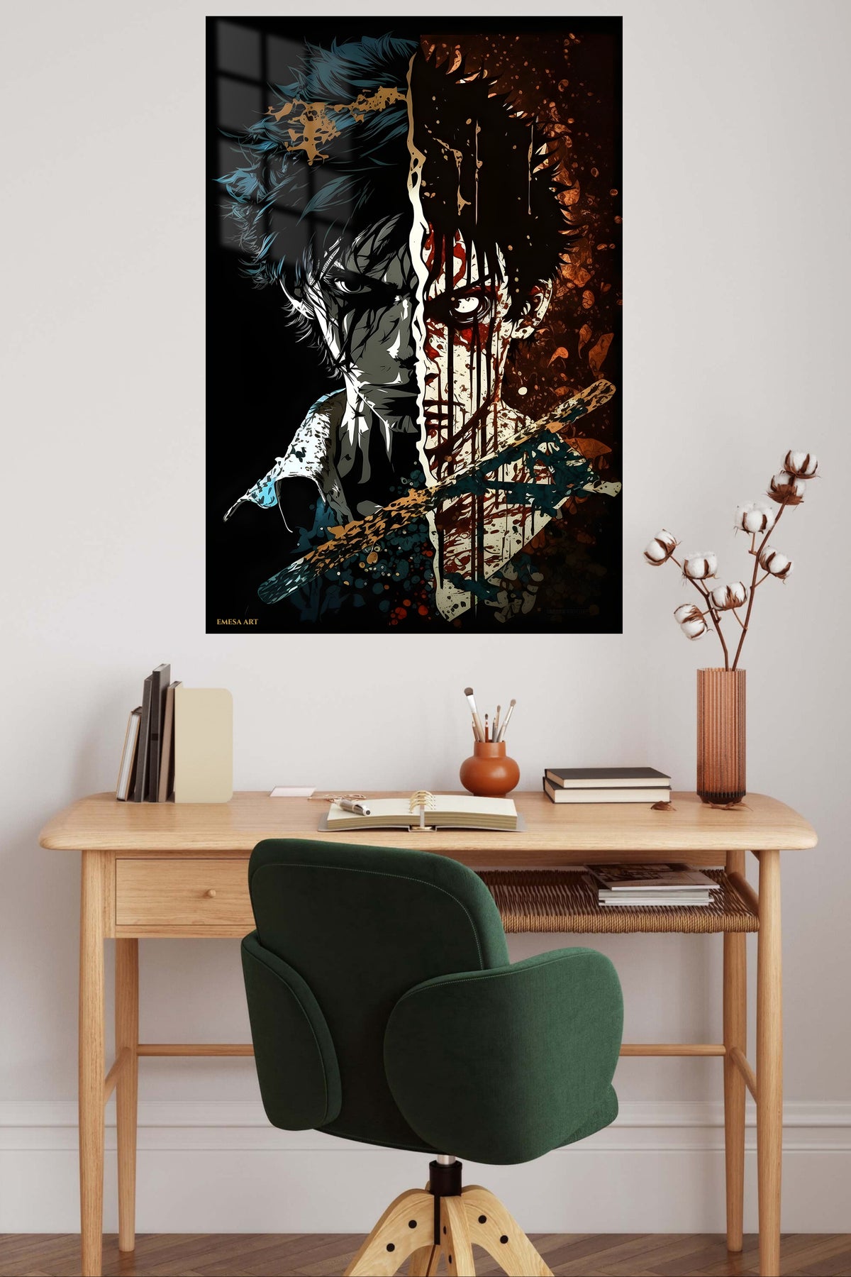 Split Shadow Warrior Portrait metal wall art displayed in a contemporary living space