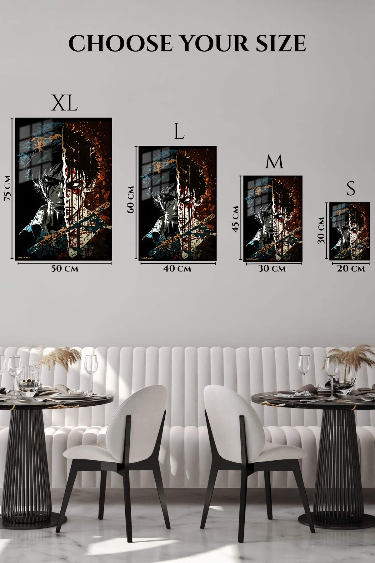 EMESA metal wall art size comparison guide for Split Shadow Warrior Portrait