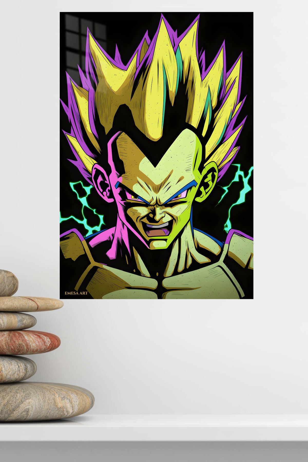 Neon Lightning Warrior metal wall art displayed in a modern interior