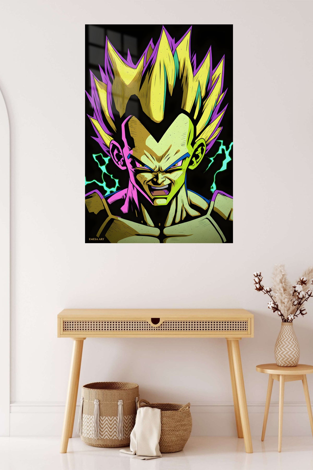 Neon Lightning Warrior metal wall art displayed in a contemporary living space