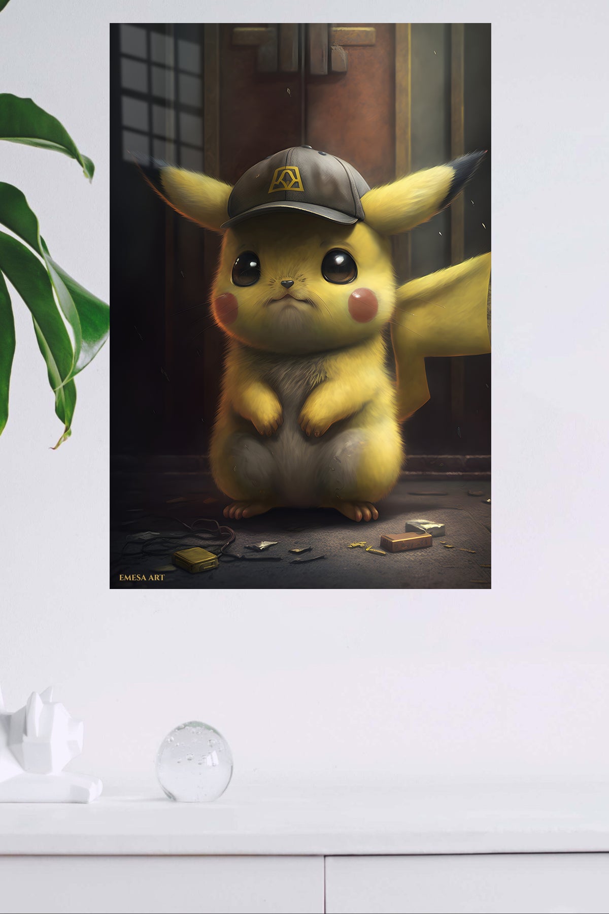 Yellow Mouse in an Emblem Cap metal wall art displayed in a modern interior