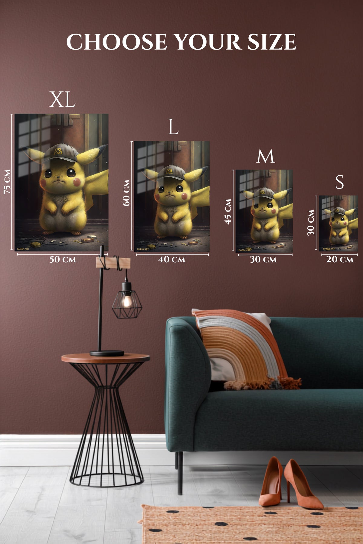 EMESA metal wall art size comparison guide for Yellow Mouse in an Emblem Cap