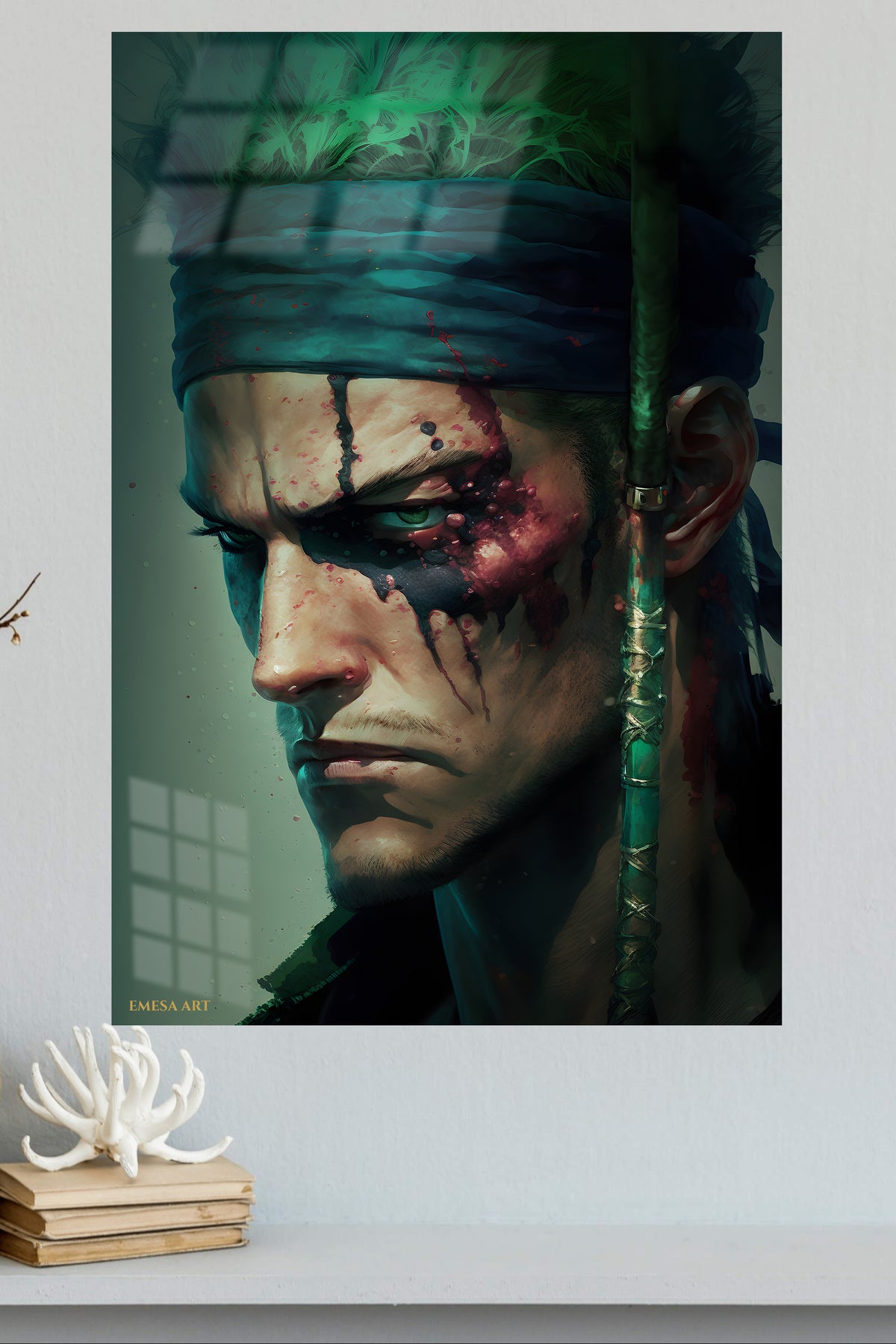 Bloodied Green Headband Warrior metal wall art displayed in a modern interior