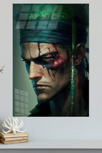 Bloodied Green Headband Warrior metal wall art displayed in a modern interior
