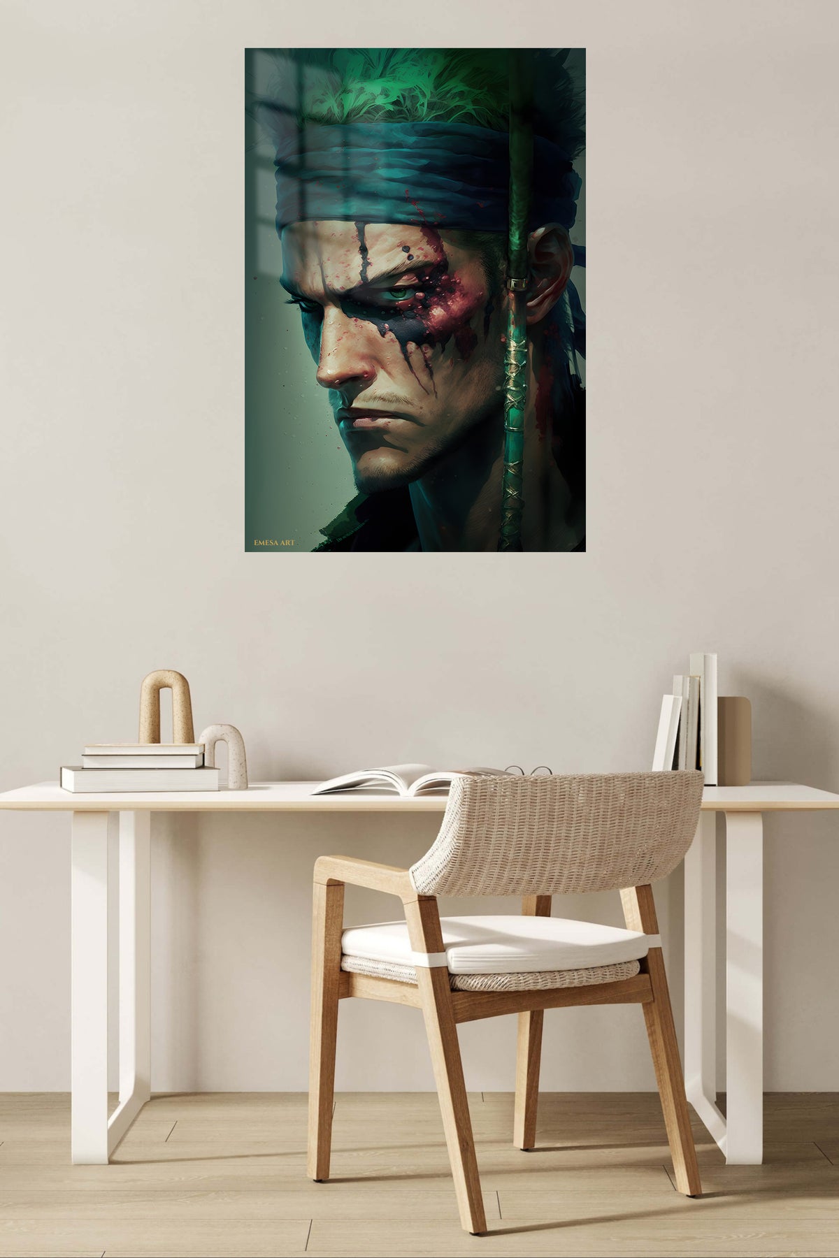 Bloodied Green Headband Warrior metal wall art displayed in a contemporary living space