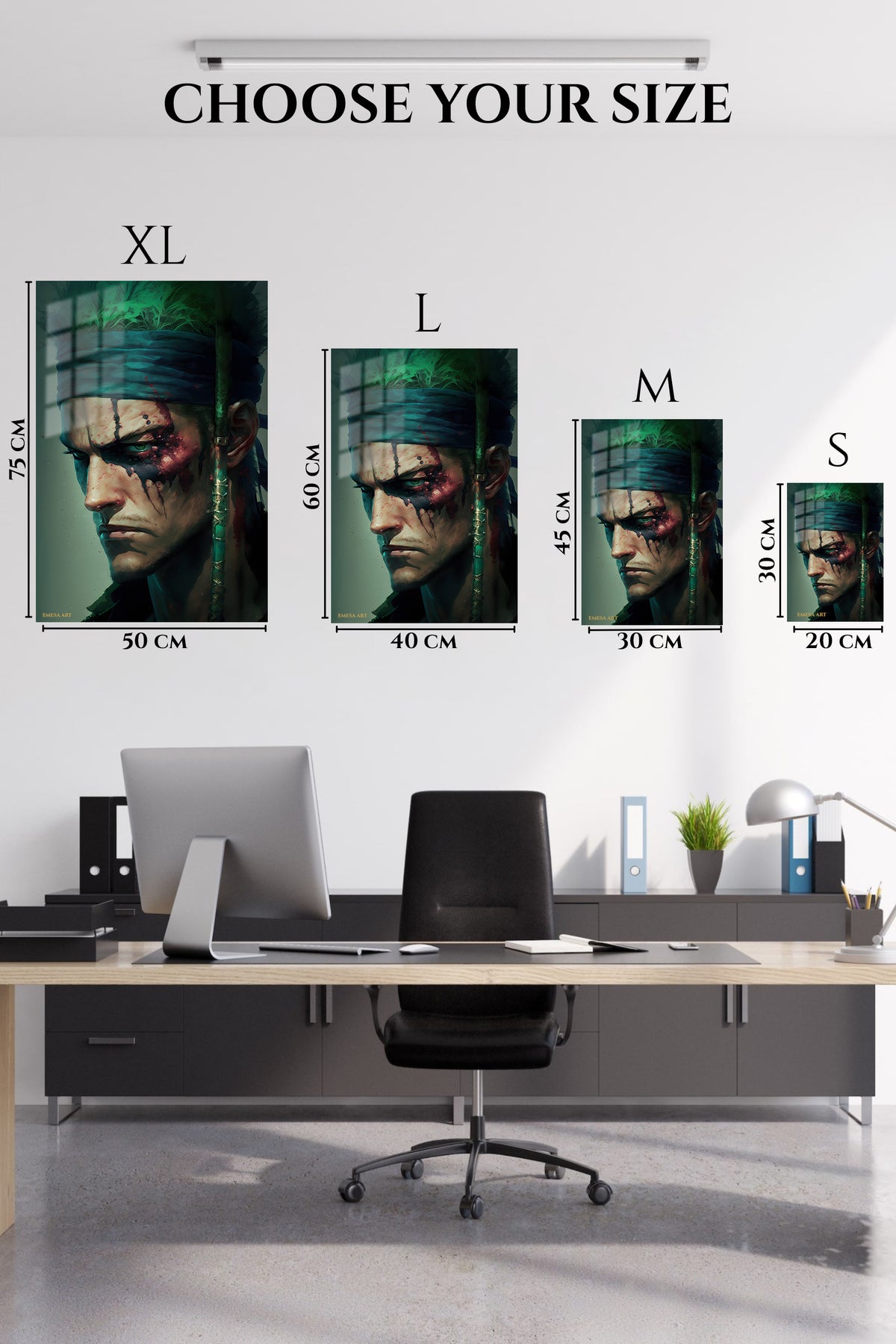 EMESA metal wall art size comparison guide for Bloodied Green Headband Warrior
