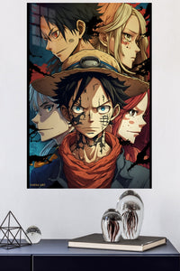 Battle-Worn Adventurers Portrait Collage metal wall art displayed in a modern interior