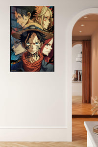 Battle-Worn Adventurers Portrait Collage metal wall art displayed in a contemporary living space