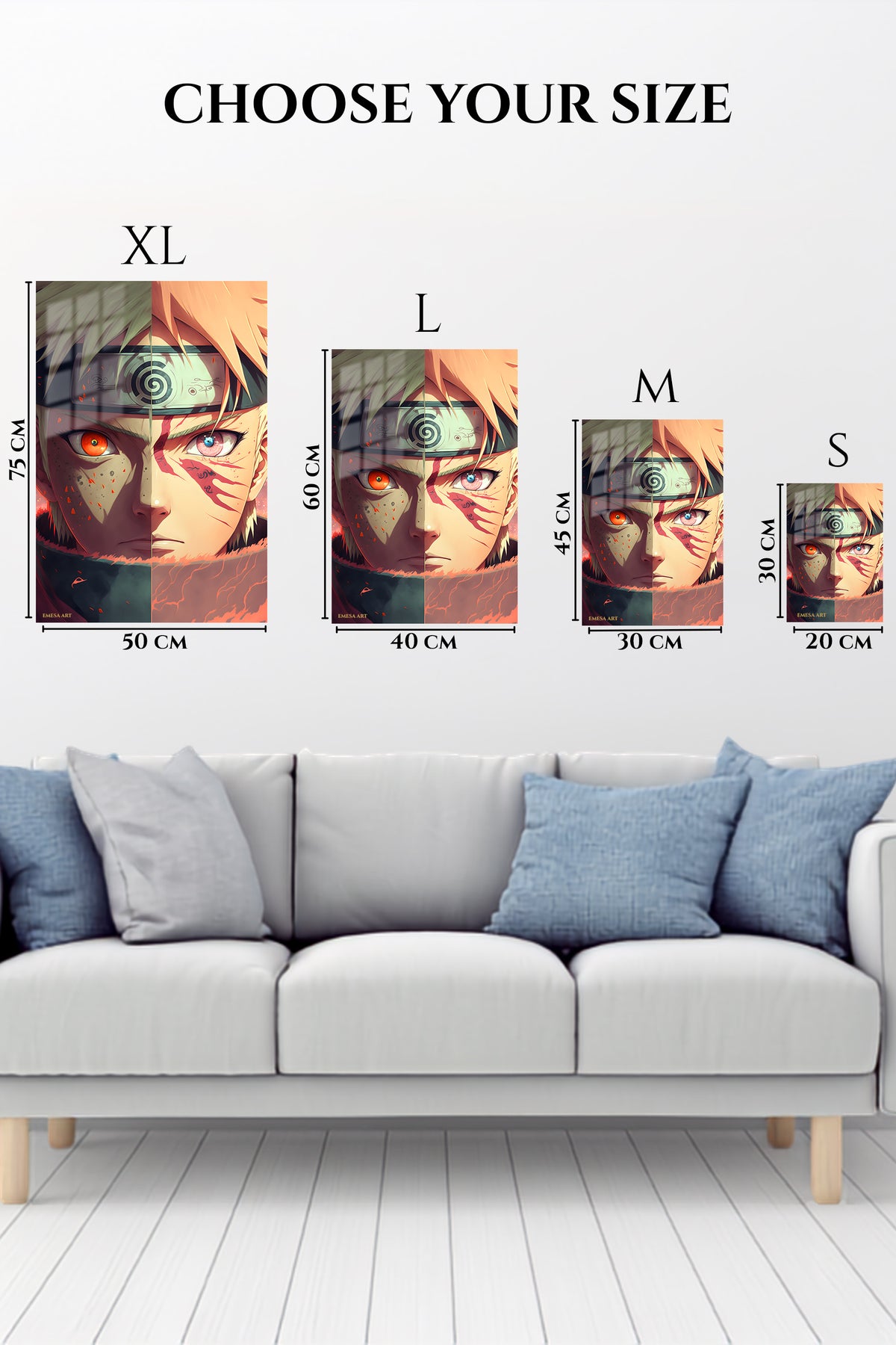EMESA metal wall art size comparison guide for Divided Gaze Warrior