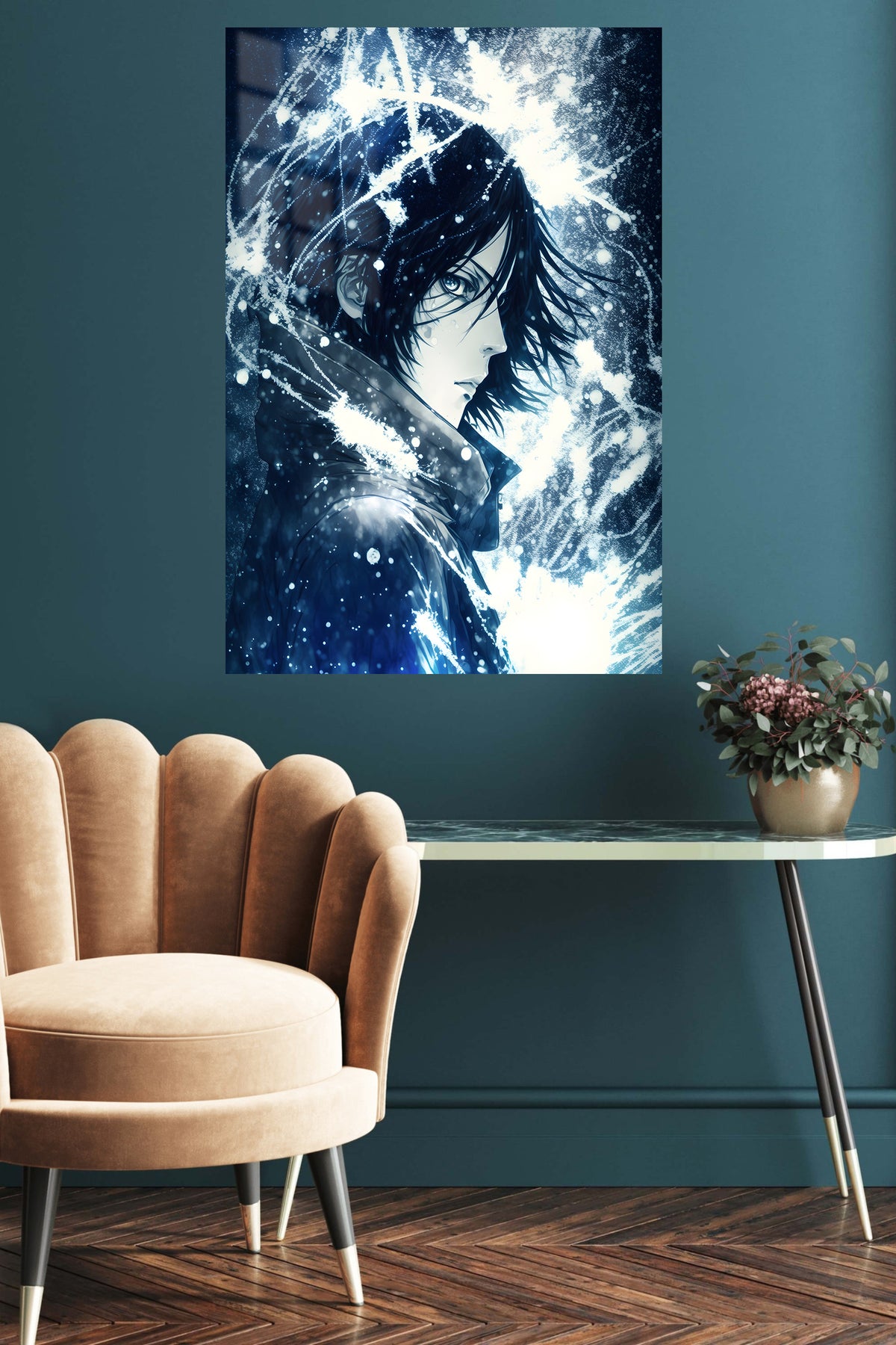 Snowbound Shadow Portrait metal wall art displayed in a contemporary living space