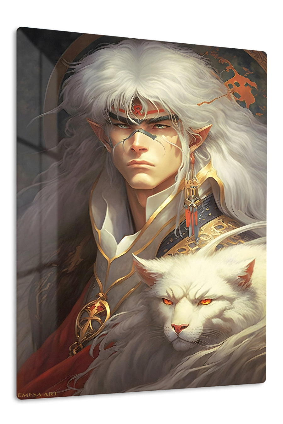 White-Haired Elf Warrior and Snow Lion premium metal wall art Ã¢â‚¬â€œ front view