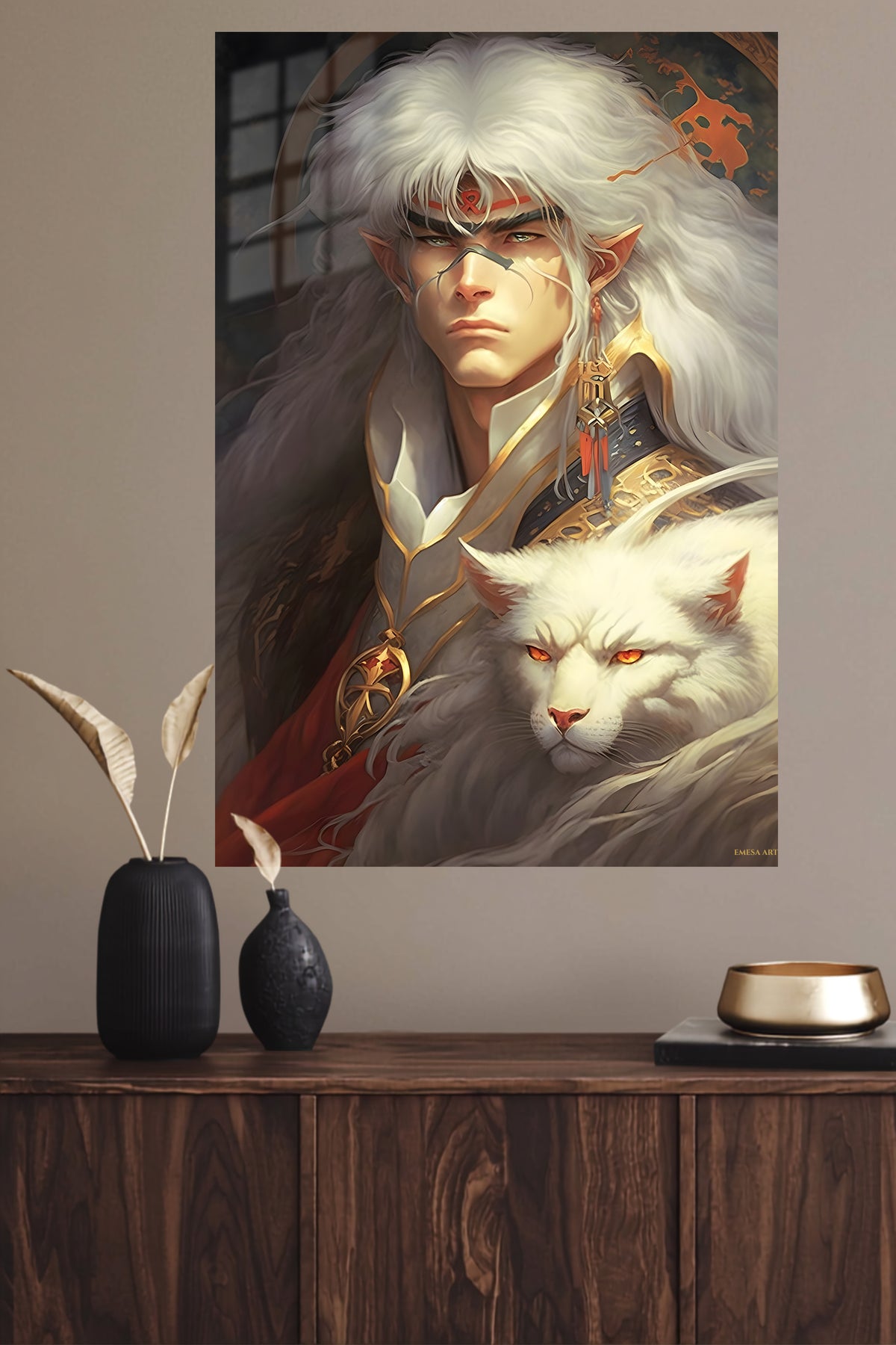 White-Haired Elf Warrior and Snow Lion metal wall art displayed in a modern interior