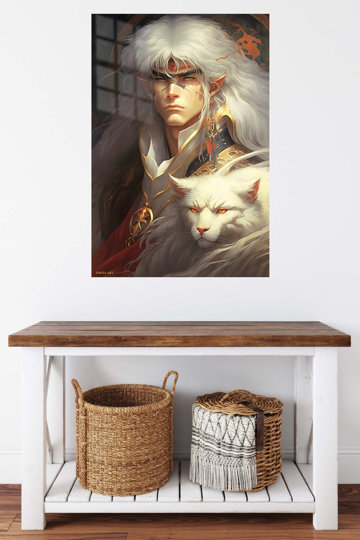 White-Haired Elf Warrior and Snow Lion metal wall art displayed in a contemporary living space