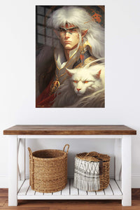 White-Haired Elf Warrior and Snow Lion metal wall art displayed in a contemporary living space